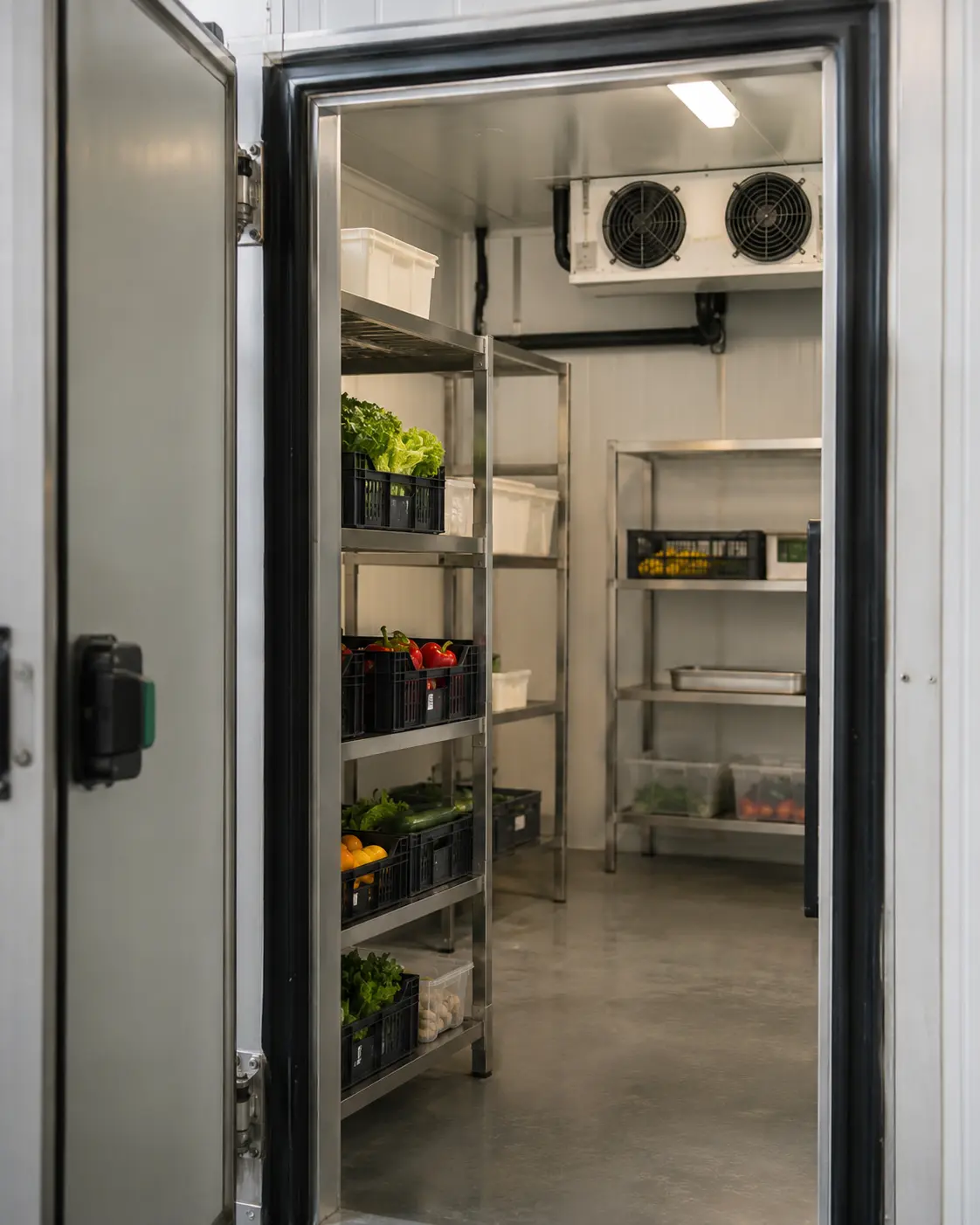 Illustrative commercial cold room with insulated doorway and stainless steel shelving