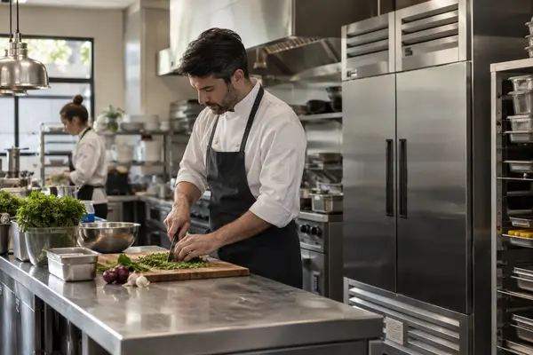 Professional restaurant kitchen with stainless refrigeration