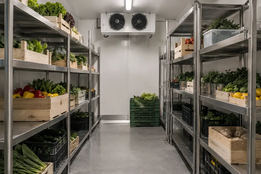 Walk-in cold room with produce storage