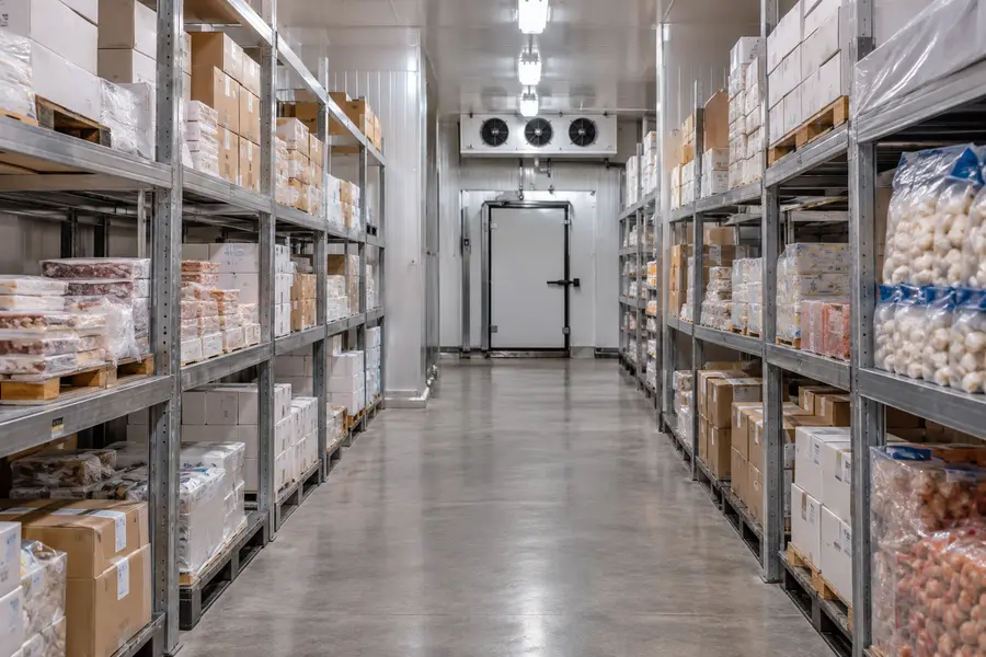 Industrial freezer room with boxed frozen goods